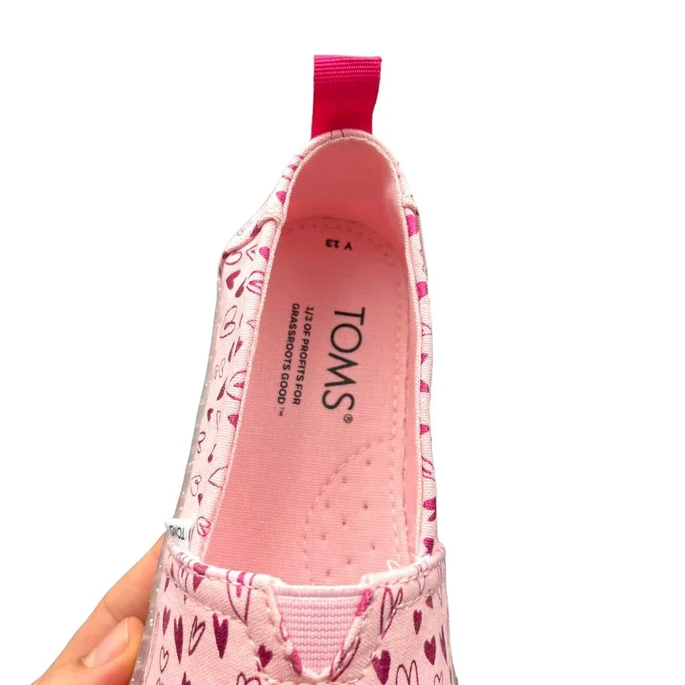 Toms Little Girls Alpargata‎ Shoes Size 13 Pink Heart Print Slip on Lightweight